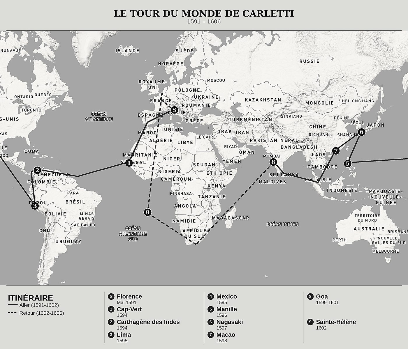 Carte d'ensemble de Le tour du monde de Francesco Carletti de Francesco Carletti, nord en haut : 1591 – 1606.