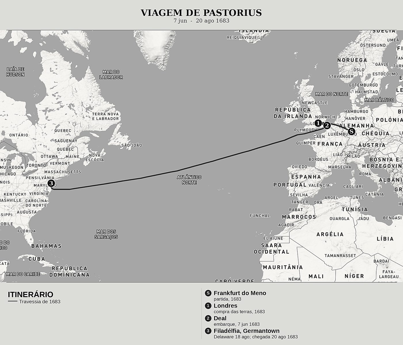 Mapa geral de Descrição geográfica detalhada da província da Pensilvânia de Francis Daniel Pastorius, norte em cima: 7 jun  -  20 ago 1683.