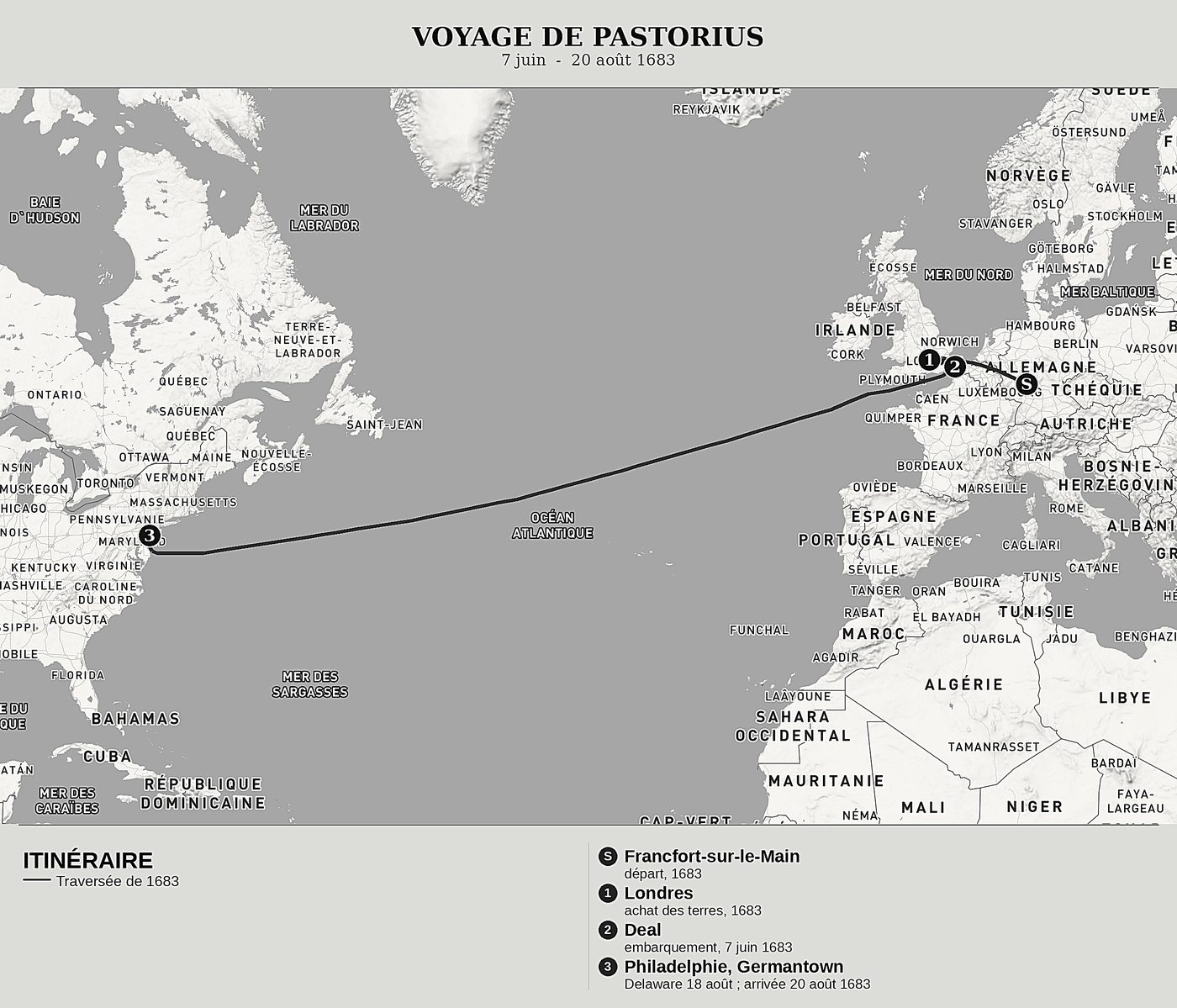 Carte d'ensemble de Description géographique détaillée de la province de Pennsylvanie de Francis Daniel Pastorius, nord en haut : 7 juin  -  20 août 1683.