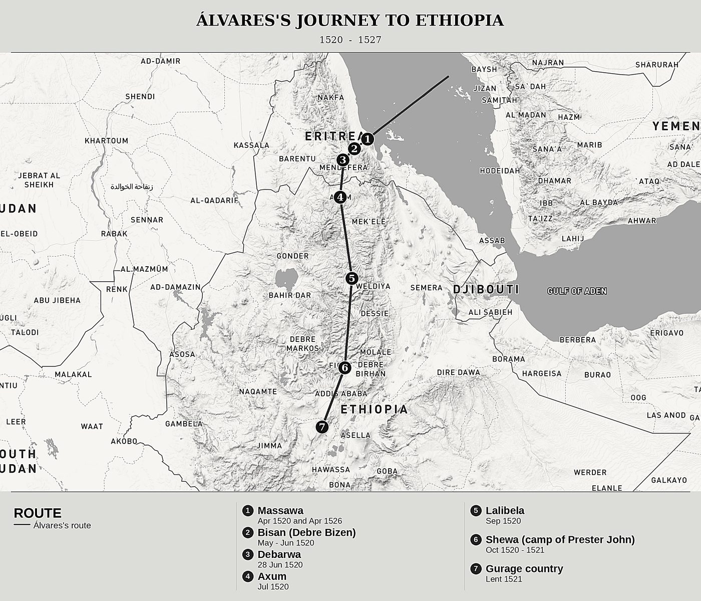 Overview map of Narrative of the Portuguese Embassy to Abyssinia by Francisco Álvares, north at top: 1520  -  1527.