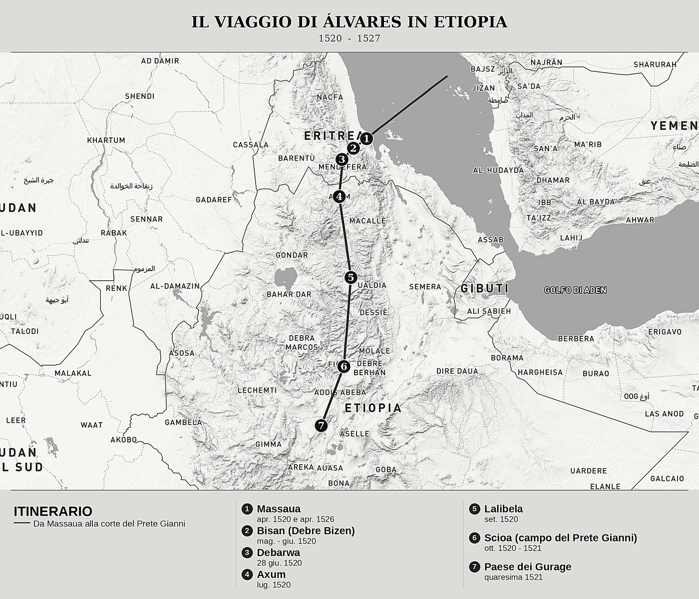 Mappa d'insieme di Vera relazione delle terre del Prete Gianni delle Indie di Francisco Álvares, nord in alto: 1520  -  1527.