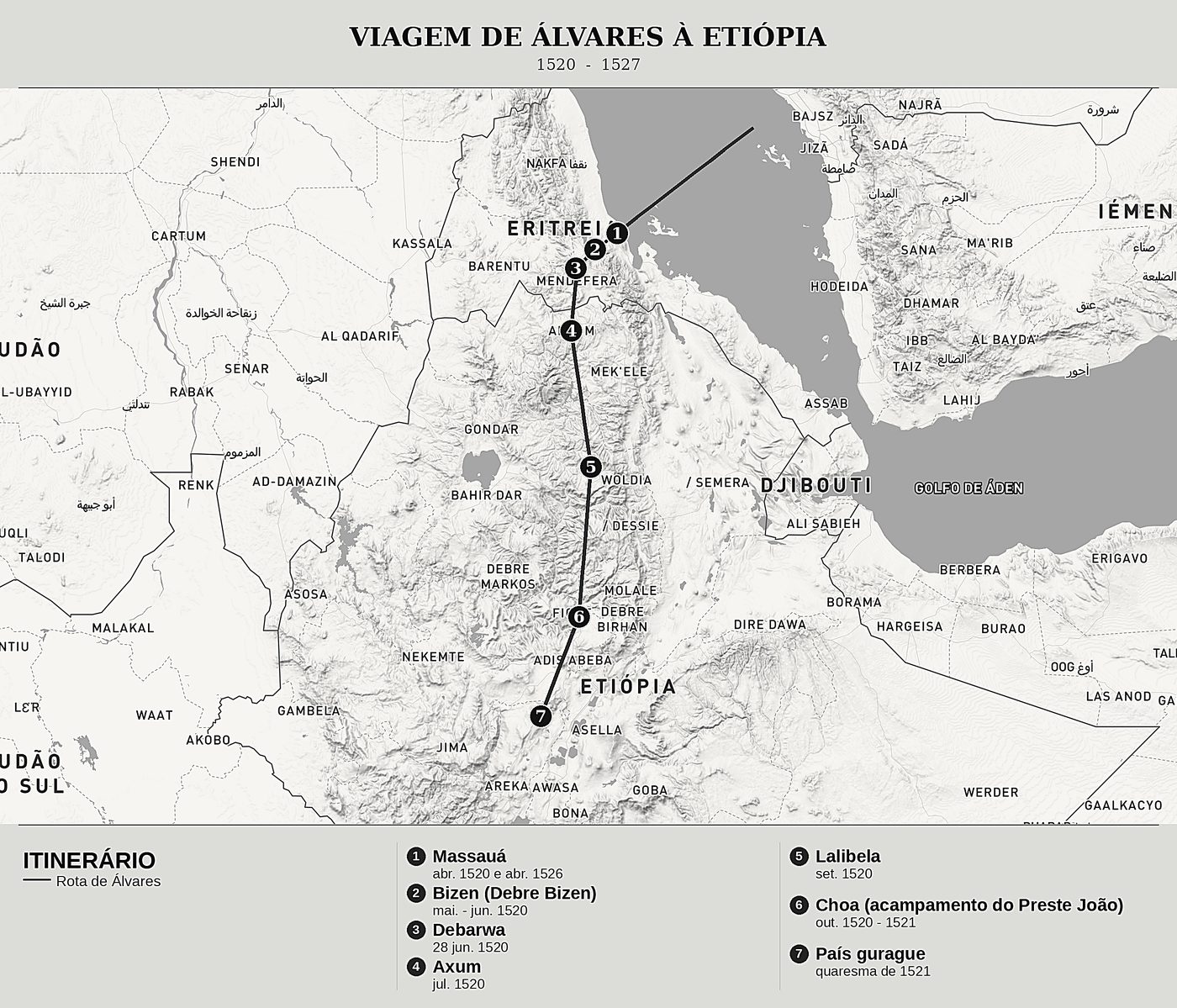 Mapa geral de Verdadeira Informação das Terras do Preste João das Índias de Francisco Álvares, norte em cima: 1520  -  1527.