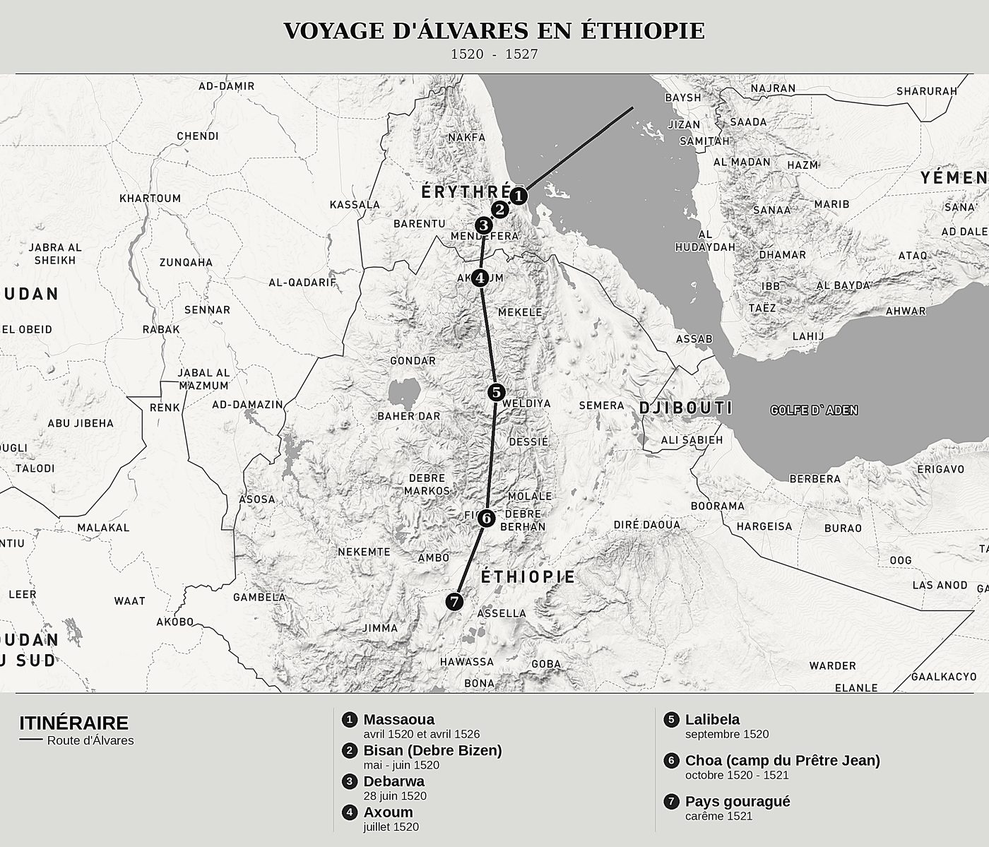 Carte d'ensemble de Véritable relation des terres du Prêtre Jean des Indes de Francisco Álvares, nord en haut : 1520  -  1527.