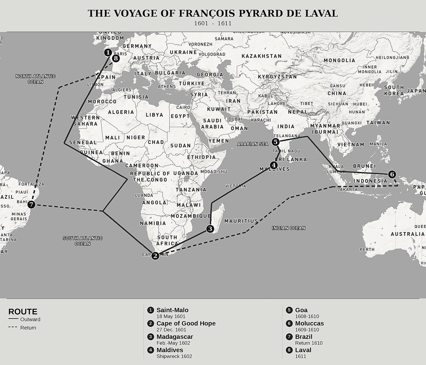 Overview map of The Voyage of François Pyrard of Laval by François Pyrard de Laval, north at top: 1601  -  1611.