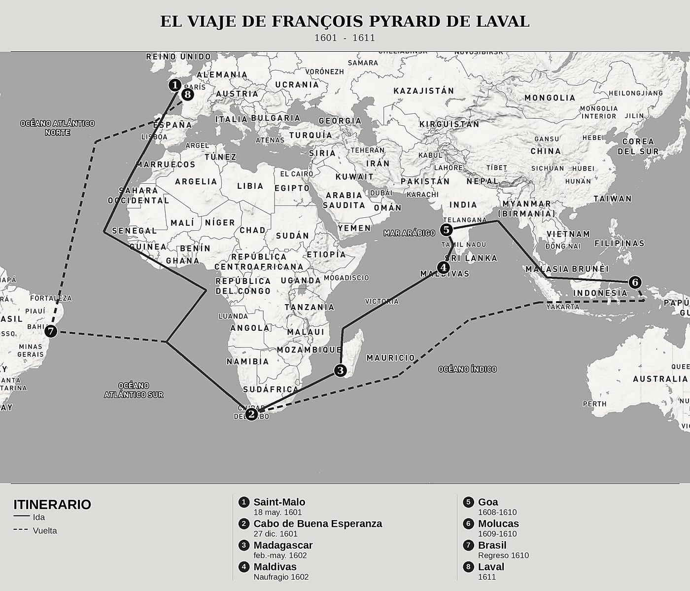 Mapa general de Viaje a las Indias Orientales de François Pyrard de Laval, norte arriba: 1601  -  1611.