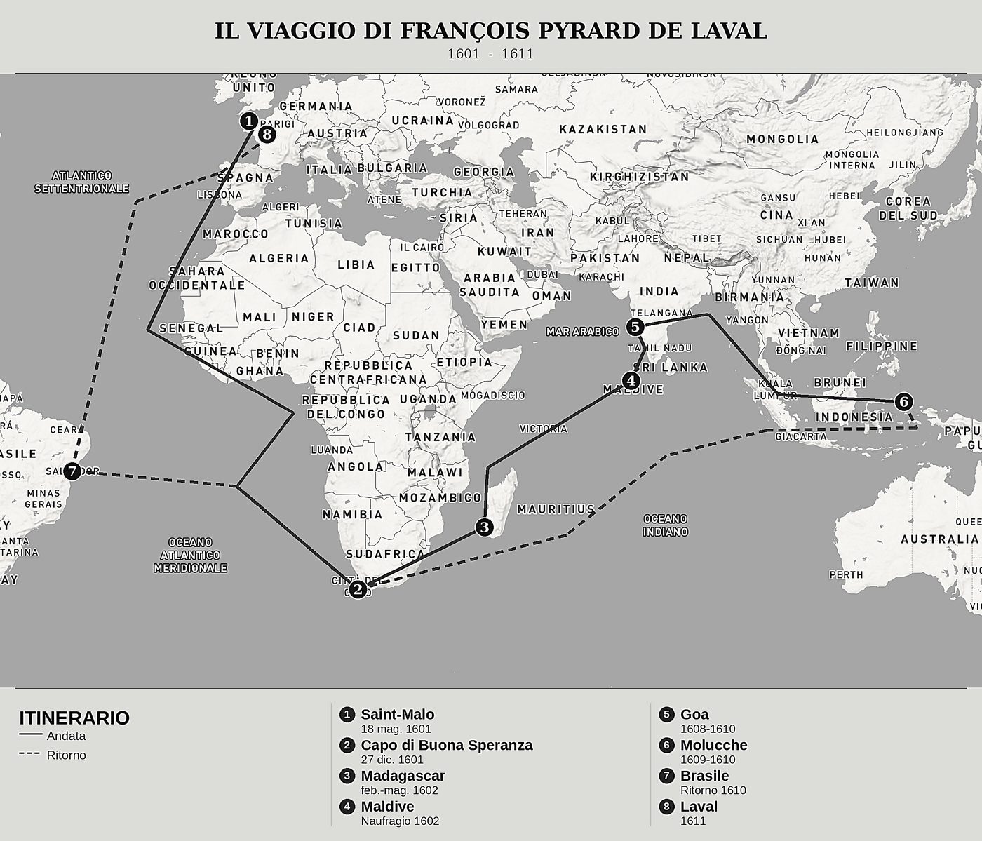 Mappa d'insieme di Viaggio nelle Indie Orientali di François Pyrard de Laval, nord in alto: 1601  -  1611.