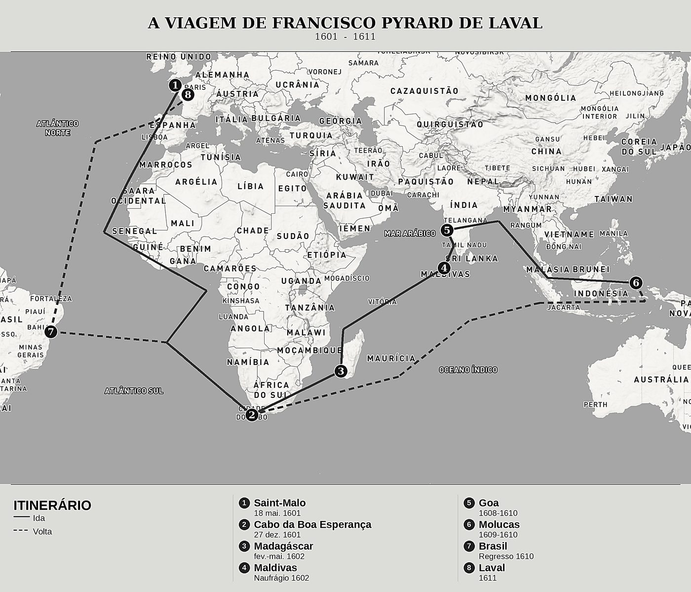 Mapa geral de Viagem de Francisco Pyrard de Laval de François Pyrard de Laval, norte em cima: 1601  -  1611.
