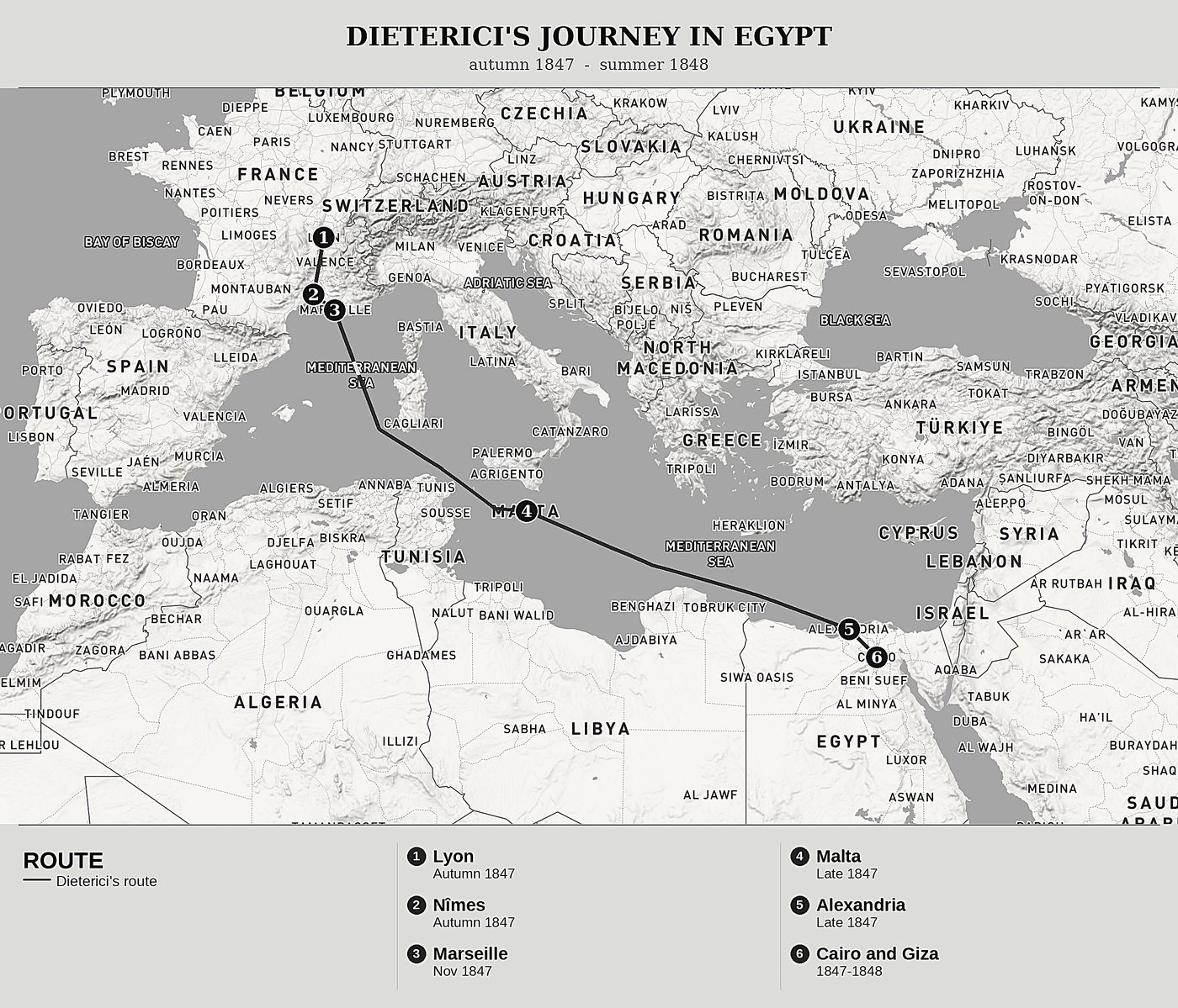 Overview map of From the Nile to the Cedars of Lebanon, Volume I: Marseille, Alexandria and Cairo by Friedrich Dieterici, north at top: autumn 1847  -  summer 1848.