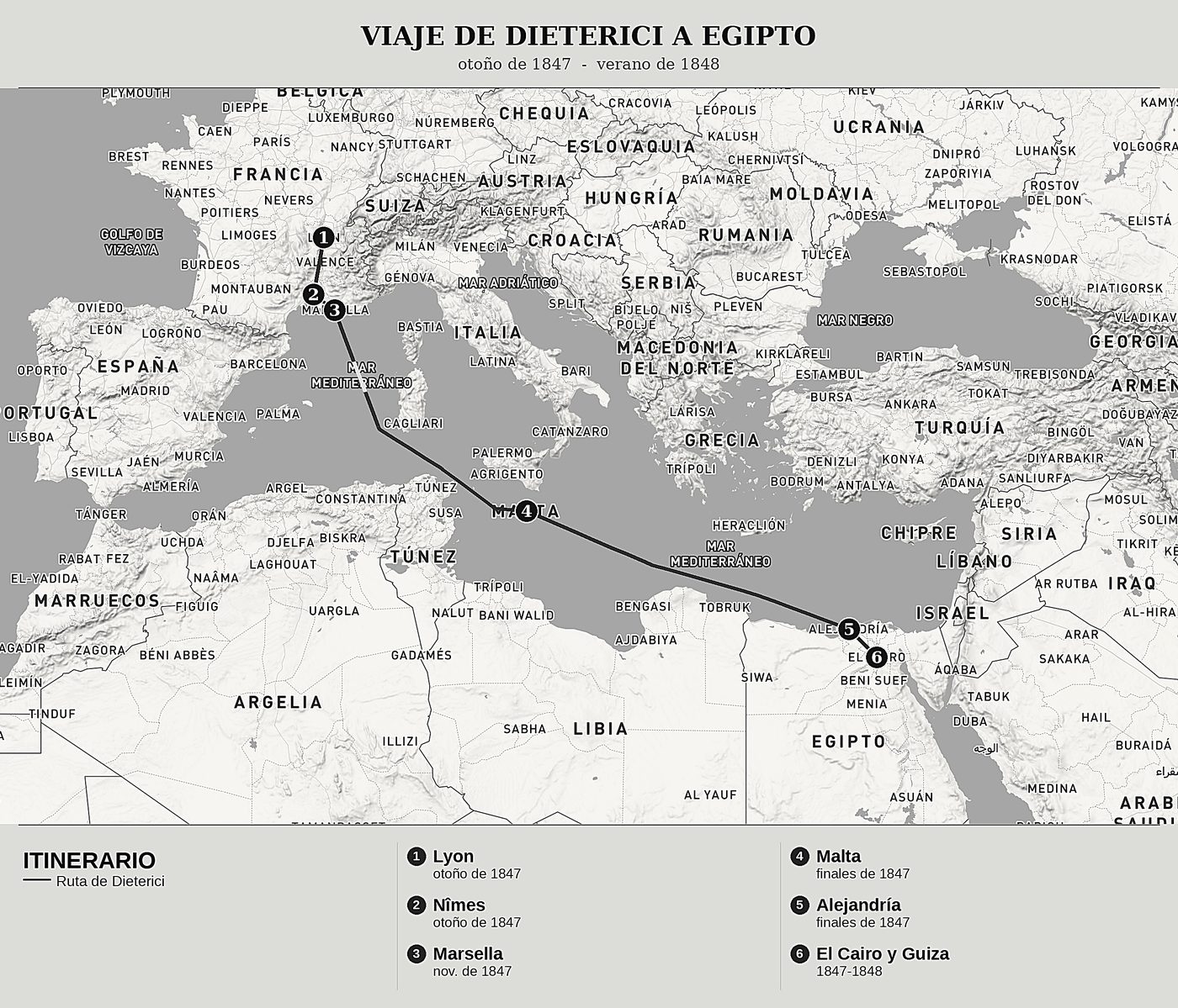 Mapa general de Del Nilo a los cedros del Líbano, Tomo I: Marsella, Alejandría y El Cairo de Friedrich Dieterici, norte arriba: otoño de 1847 - verano de 1848.