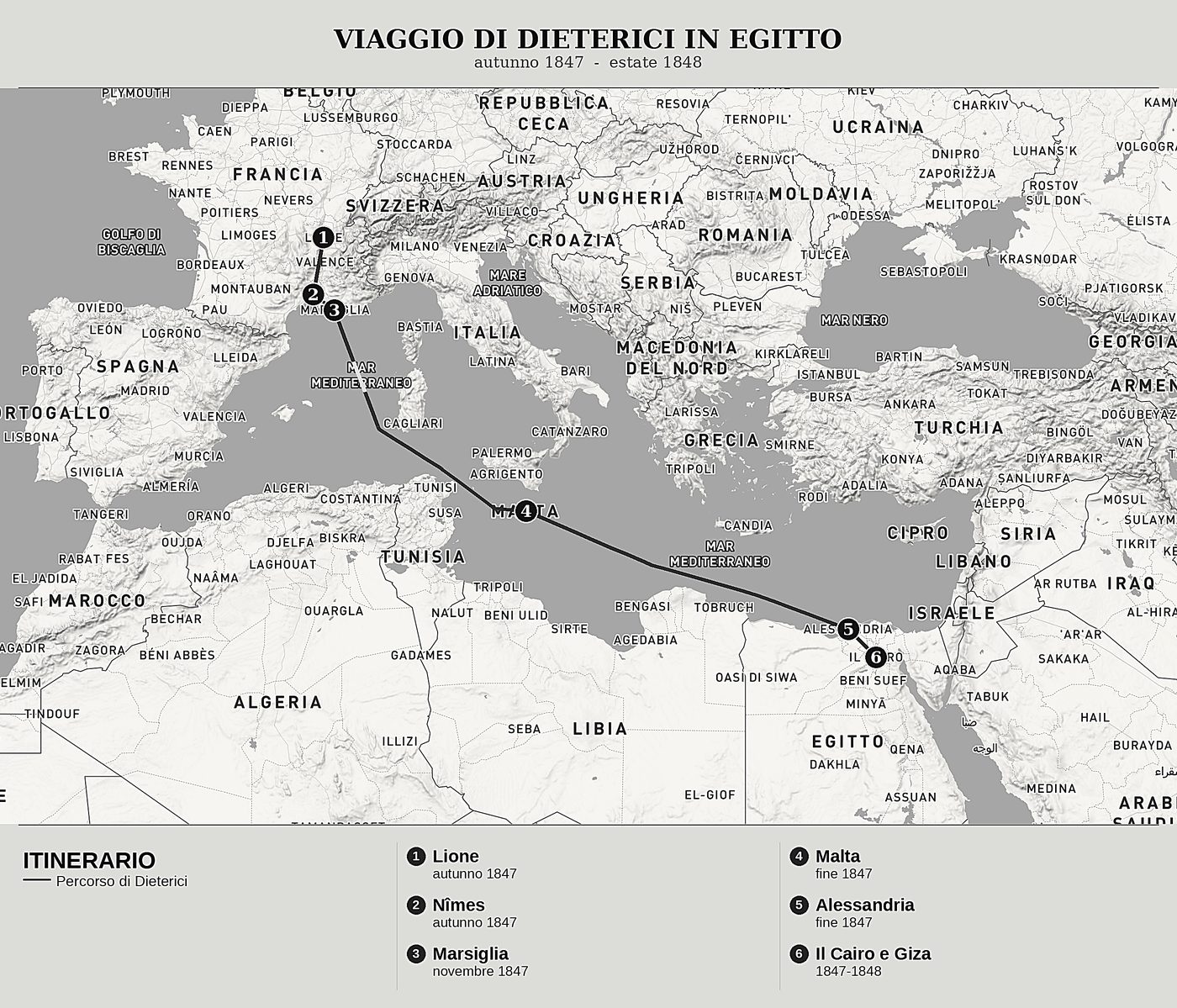 Mappa d'insieme di Dal Nilo ai cedri del Libano, Tomo I: Marsiglia, Alessandria e il Cairo di Friedrich Dieterici, nord in alto: autunno 1847  -  estate 1848.