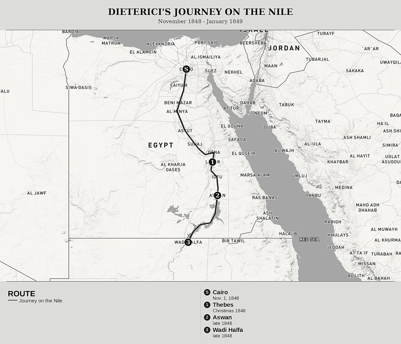Overview map of From the Nile to the Cedars of Lebanon, Volume II: The Nile, Nubia and Thebes by Friedrich Dieterici, north at top: november 1848 - january 1849.