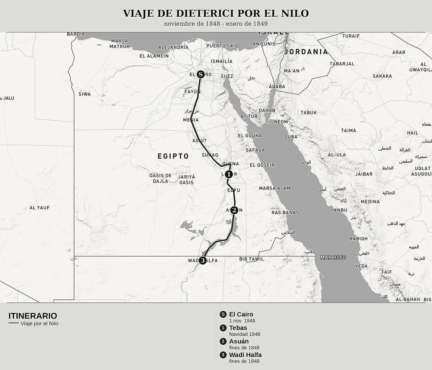 Mapa general de Del Nilo a los cedros del Líbano, Tomo II: El Nilo, Nubia y Tebas de Friedrich Dieterici, norte arriba: noviembre de 1848 - enero de 1849.