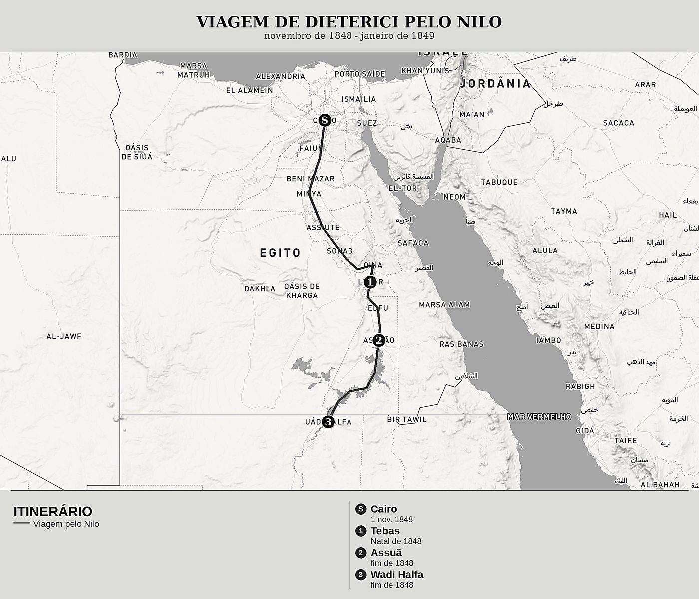 Mapa geral de Do Nilo aos cedros do Líbano, Tomo II: O Nilo, a Núbia e Tebas de Friedrich Dieterici, norte em cima: novembro de 1848 - janeiro de 1849.