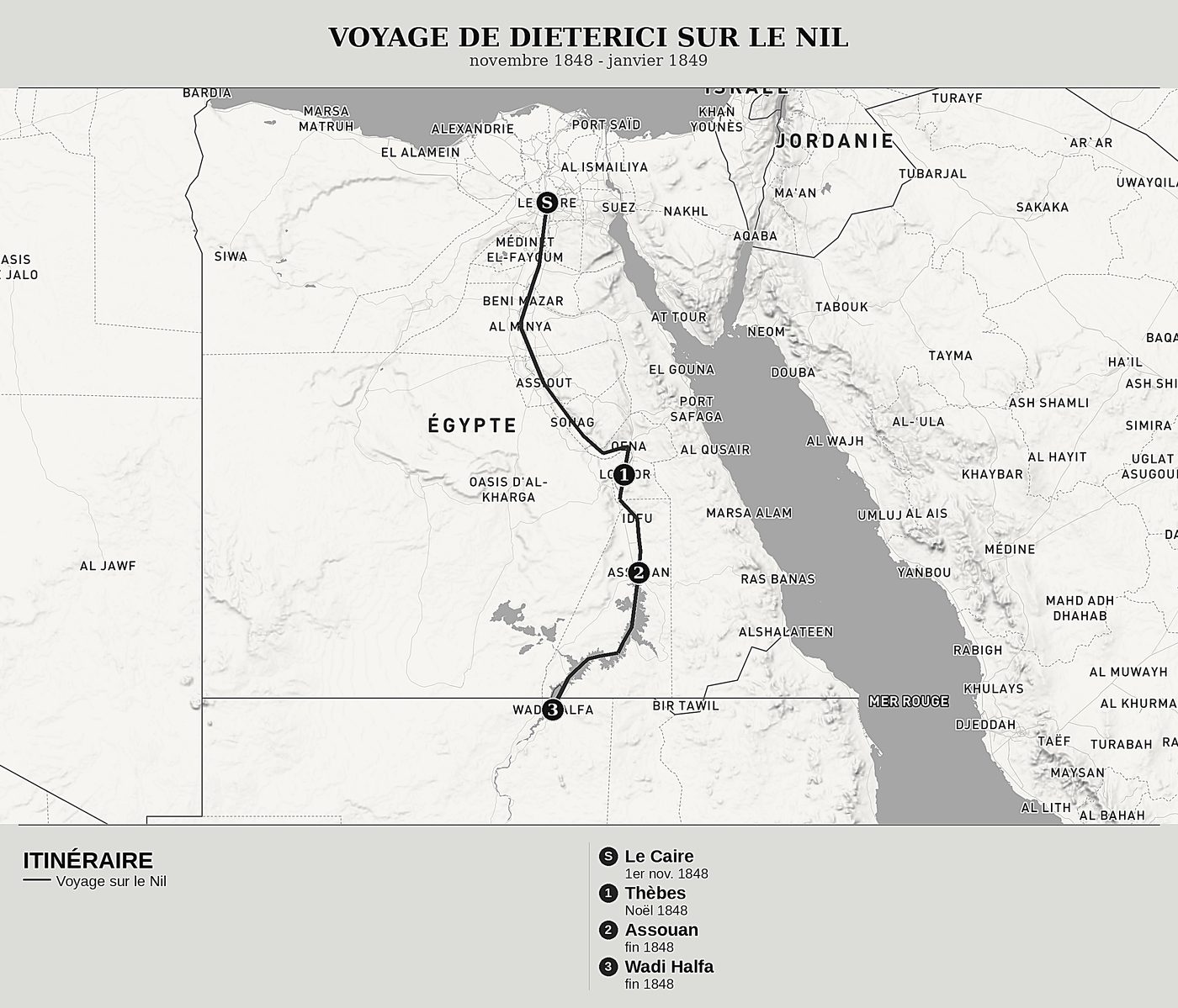 Carte d'ensemble de Du Nil aux cèdres du Liban, Tome II : Le Nil, la Nubie et Thèbes de Friedrich Dieterici, nord en haut : novembre 1848 - janvier 1849.