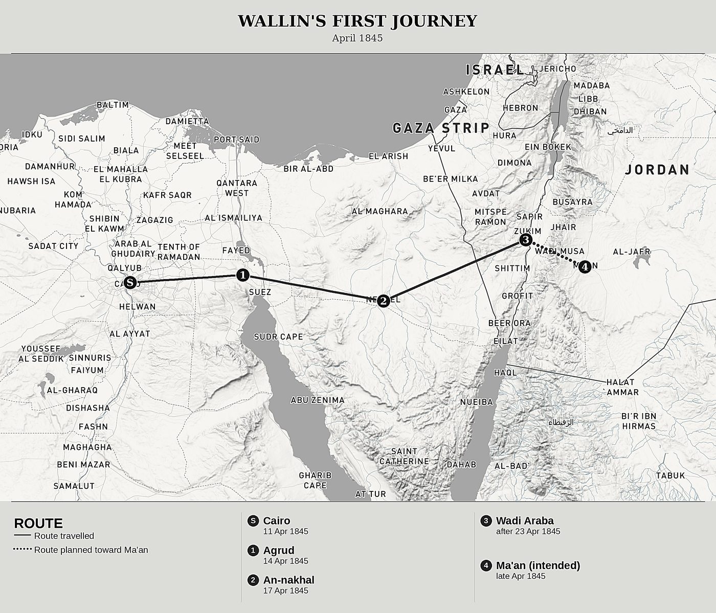 Overview map of First Journey from Cairo to the Arabian Desert by Georg August Wallin, north at top: april 1845.