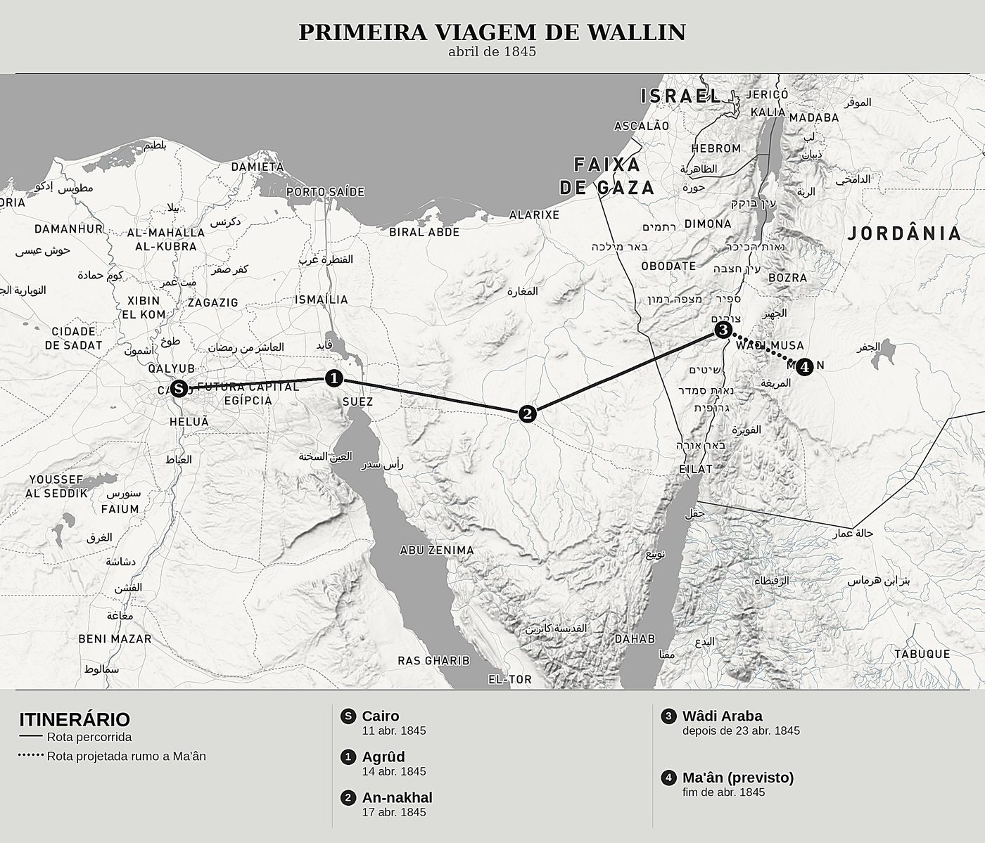 Mapa geral de Primeira viagem do Cairo ao deserto da Arábia de Georg August Wallin, norte em cima: abril de 1845.