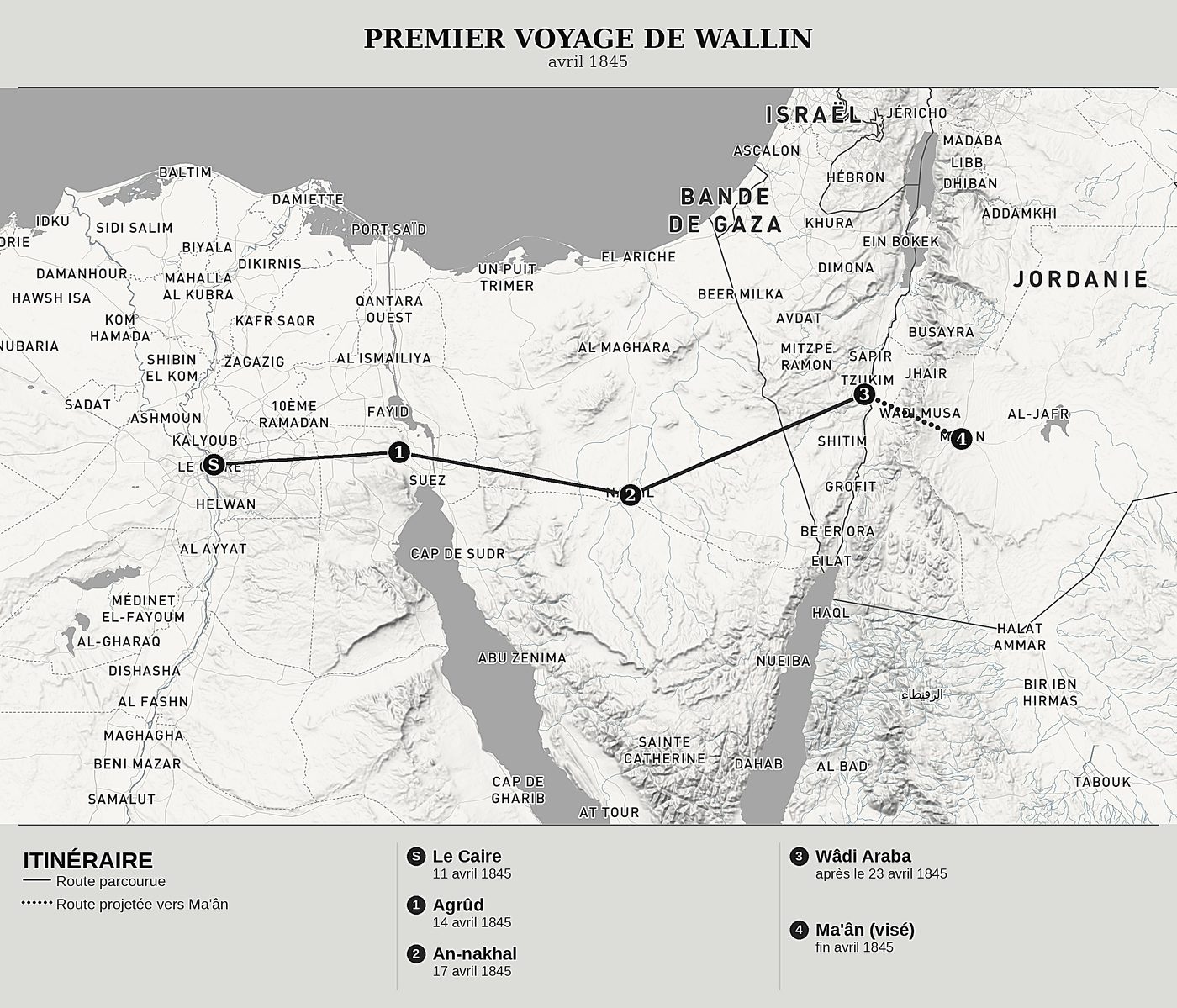 Carte d'ensemble de Premier voyage du Caire au désert d'Arabie de Georg August Wallin, nord en haut : avril 1845.