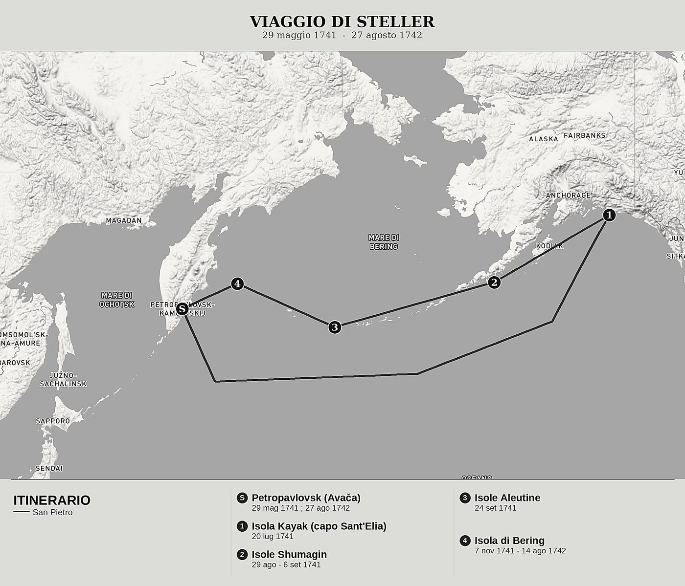 Mappa d'insieme di Viaggio dal Kamčatka all'America di Georg Wilhelm Steller, nord in alto: 29 maggio 1741  -  27 agosto 1742.