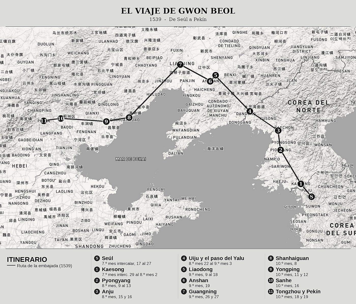 Mapa general de Embajada a la corte Ming de Gwon Beol (權橃, 1478-1548), norte arriba: 1539  -  de seúl a pekín.
