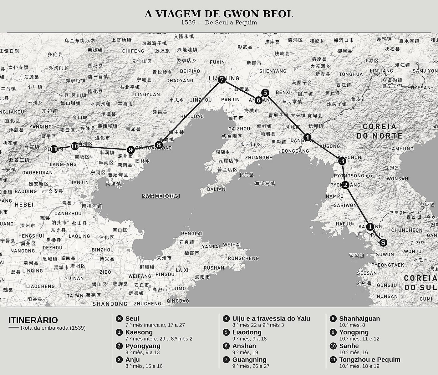 Mapa geral de Embaixada à corte Ming de Gwon Beol (權橃, 1478-1548), norte em cima: 1539  -  de seul a pequim.