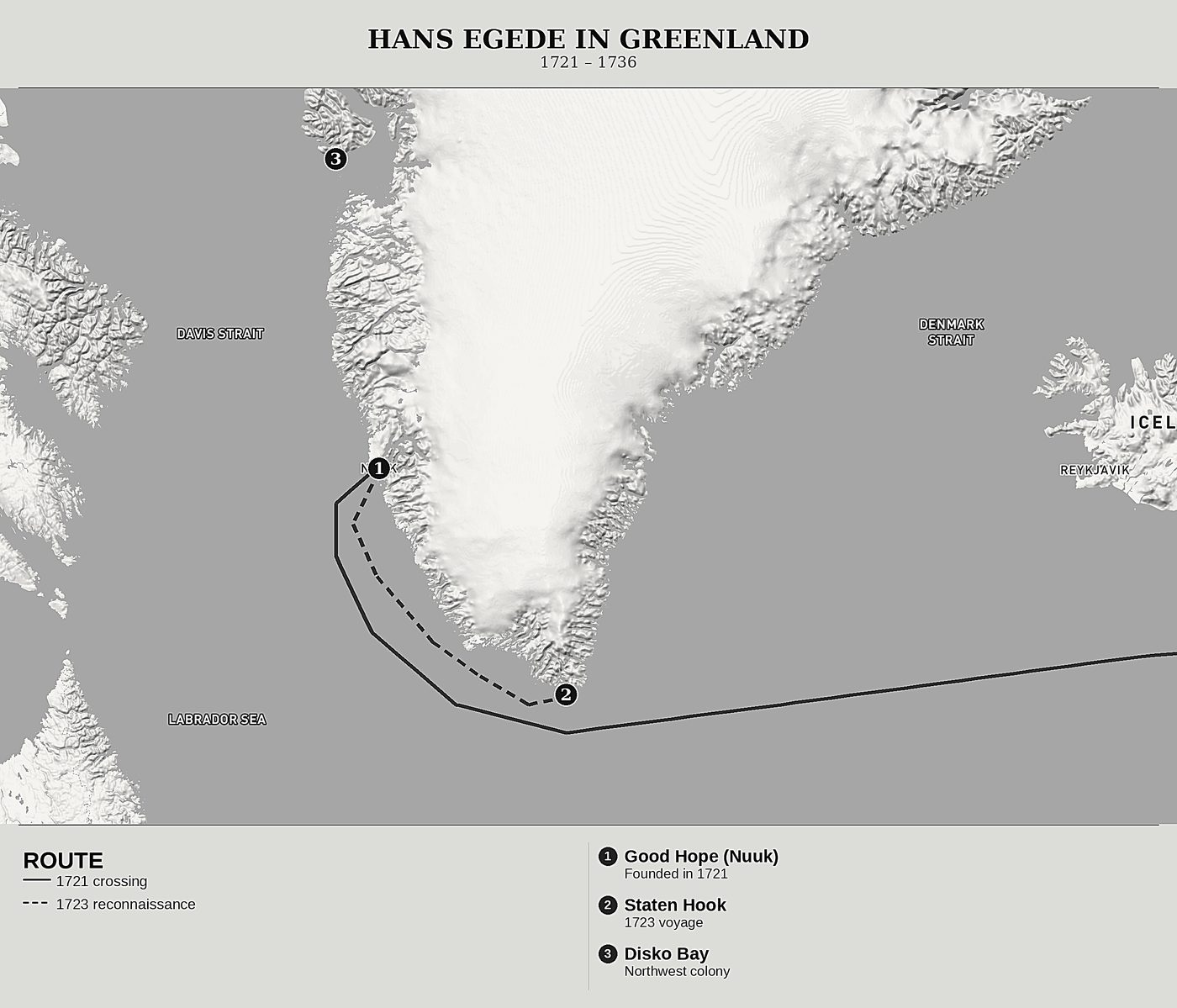 Overview map of A Description of Greenland by Hans Egede, north at top: 1721 – 1736.
