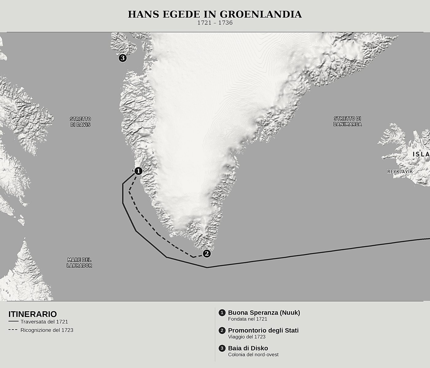 Mappa d'insieme di Descrizione e storia naturale della Groenlandia di Hans Egede, nord in alto: 1721 – 1736.