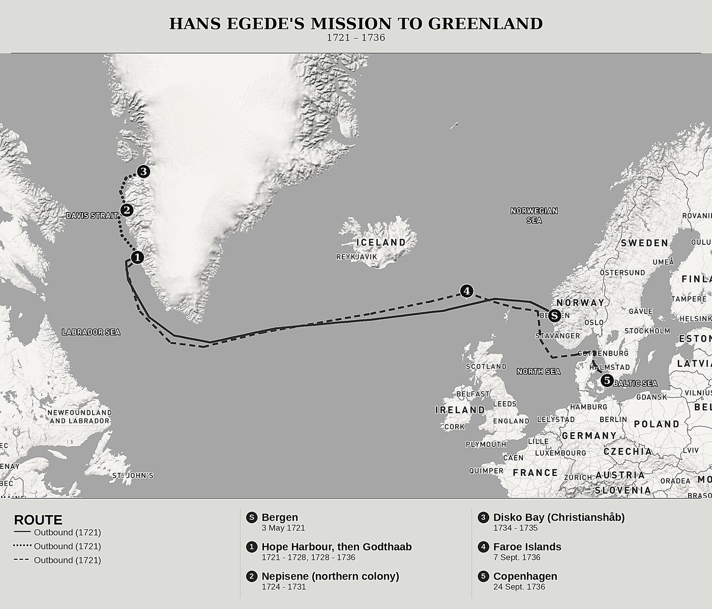 Overview map of An Account of the Greenland Mission by Hans Egede, north at top: 1721 – 1736.