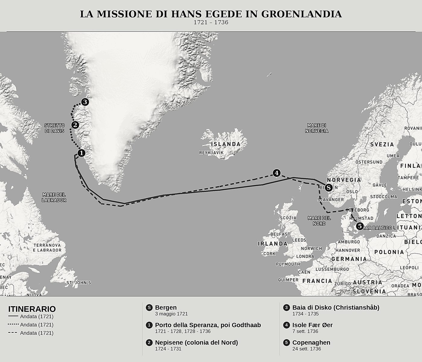 Mappa d'insieme di Relazione sugli inizi e i progressi della missione in Groenlandia di Hans Egede, nord in alto: 1721 – 1736.