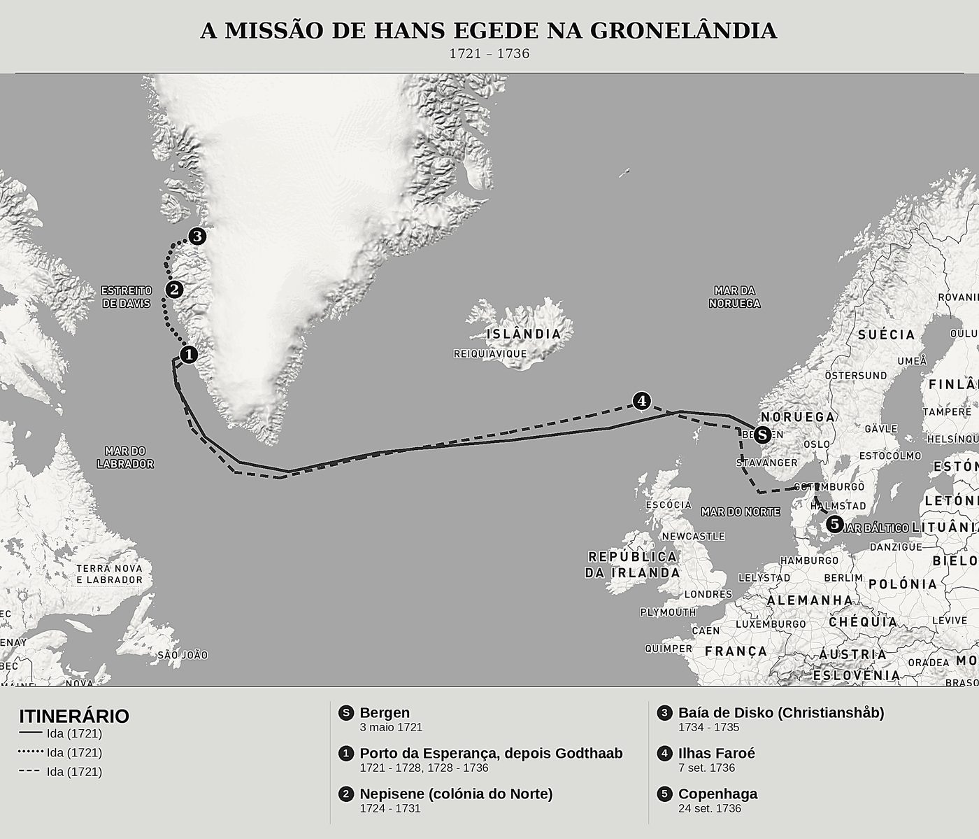 Mapa geral de Relação dos inícios e do progresso da missão da Gronelândia de Hans Egede, norte em cima: 1721 – 1736.