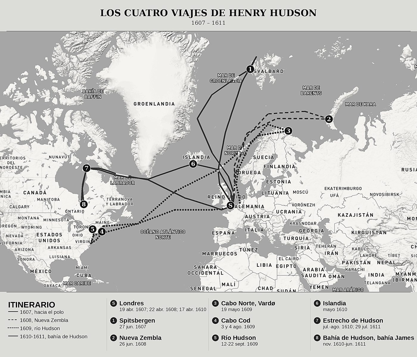 Mapa general de Diversos viajes y descubrimientos septentrionales de Henry Hudson, norte arriba: 1607 – 1611.