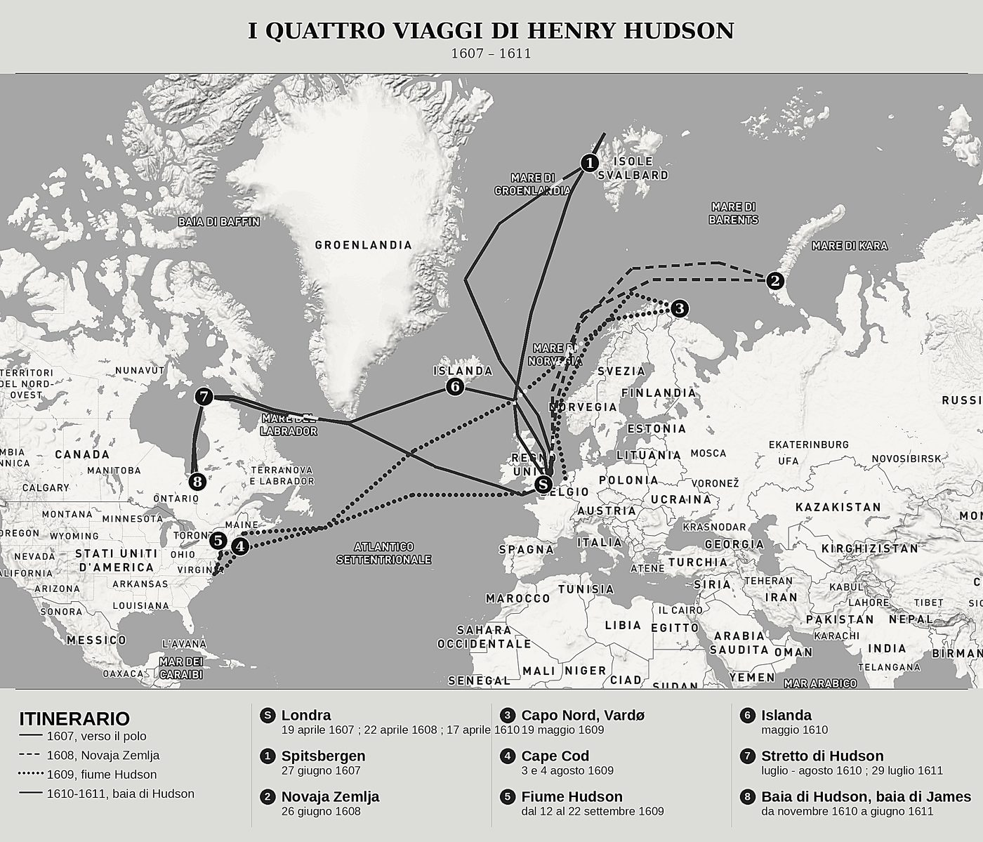 Mappa d'insieme di Diversi viaggi e scoperte settentrionali di Henry Hudson, nord in alto: 1607 – 1611.