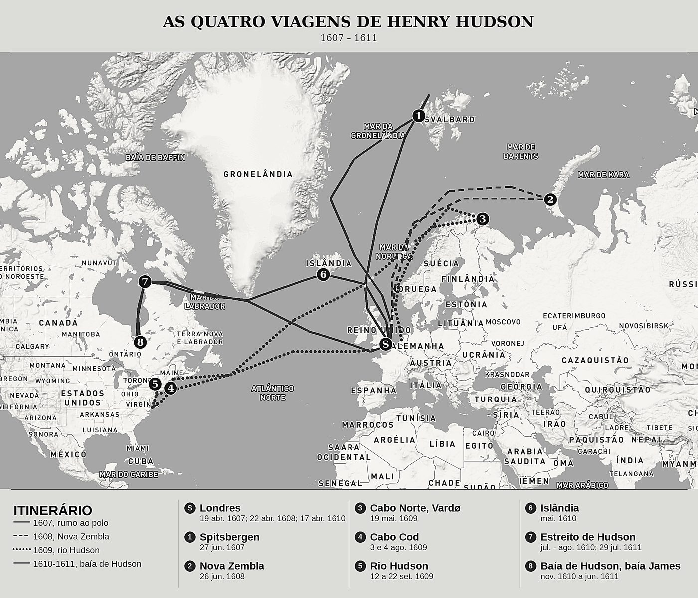Mapa geral de Diversas viagens e descobertas setentrionais de Henry Hudson, norte em cima: 1607 – 1611.