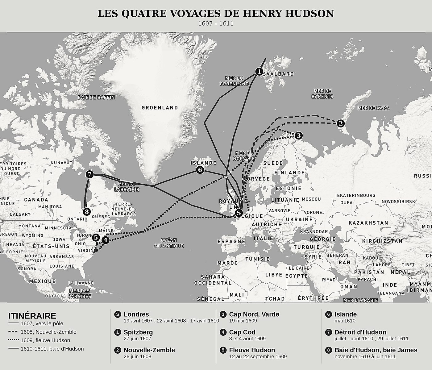 Carte d'ensemble de Divers voyages et découvertes septentrionales de Henry Hudson, nord en haut : 1607 – 1611.