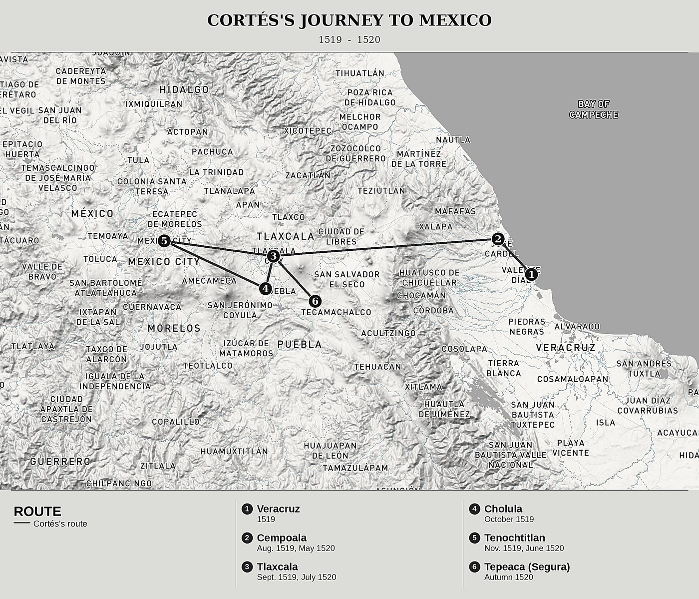 Overview map of Cortés's Second Letter to Charles V by Hernán Cortés, north at top: 1519  -  1520.
