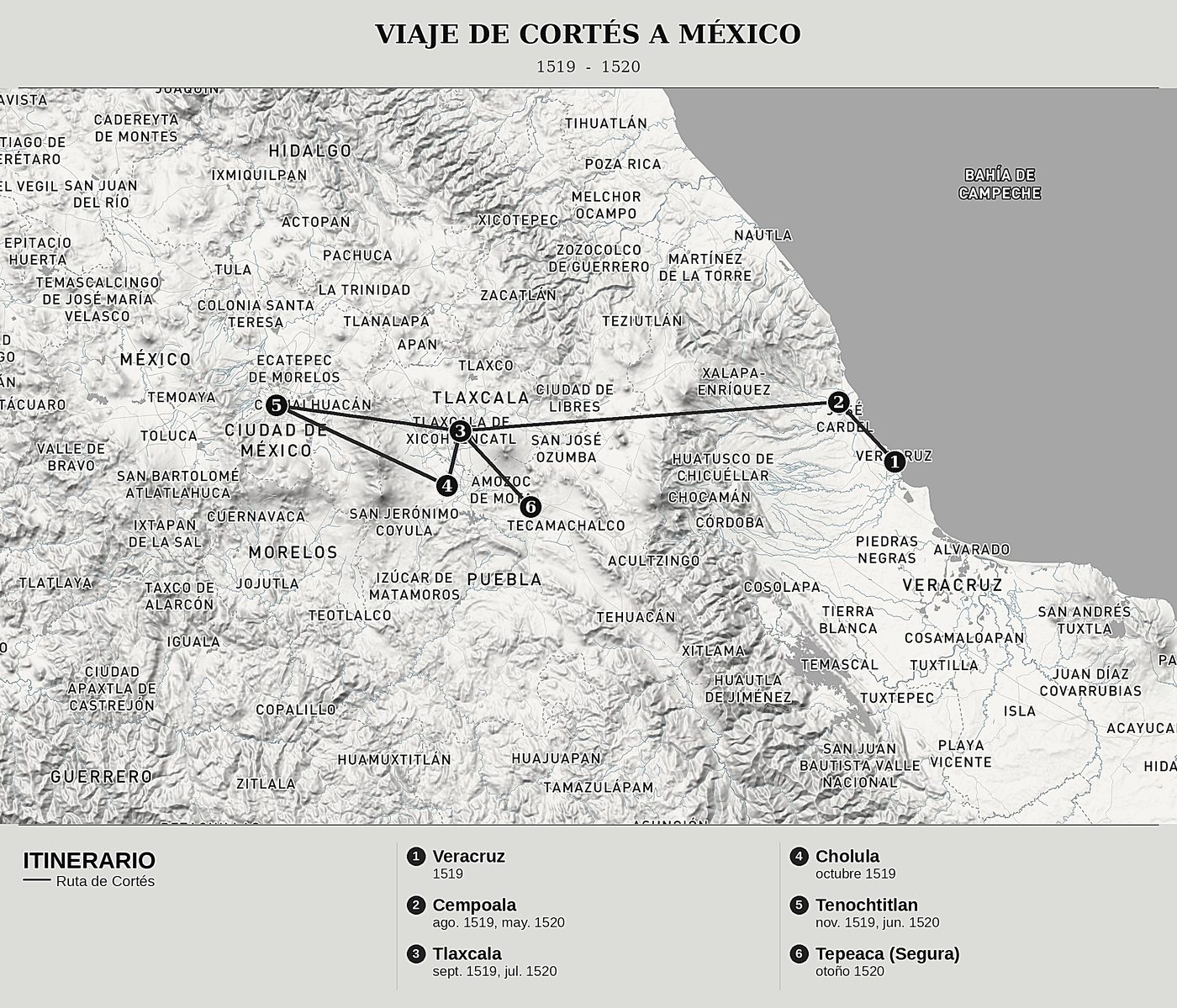 Mapa general de Segunda carta de relación de Hernán Cortés, norte arriba: 1519 - 1520.