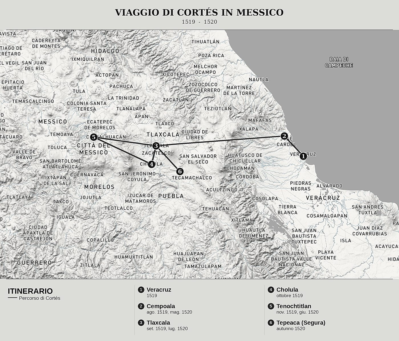 Mappa d'insieme di Seconda lettera di Cortés a Carlo V di Hernán Cortés, nord in alto: 1519  -  1520.