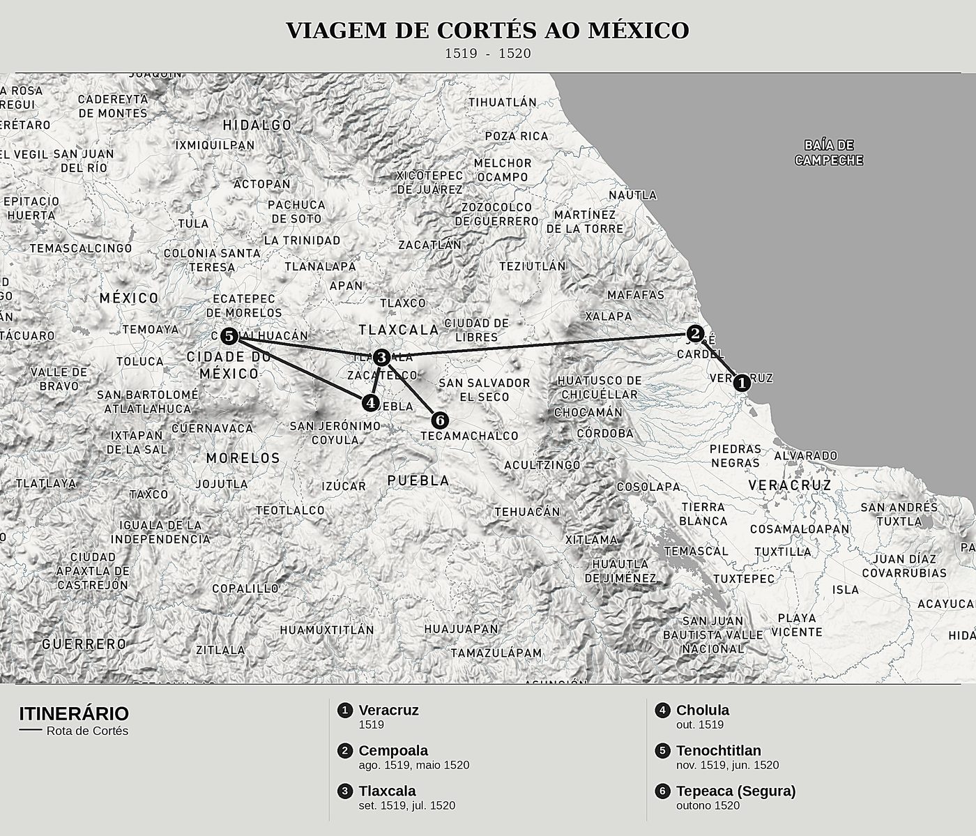 Mapa geral de Segunda carta de Cortés a Carlos V de Hernán Cortés, norte em cima: 1519  -  1520.