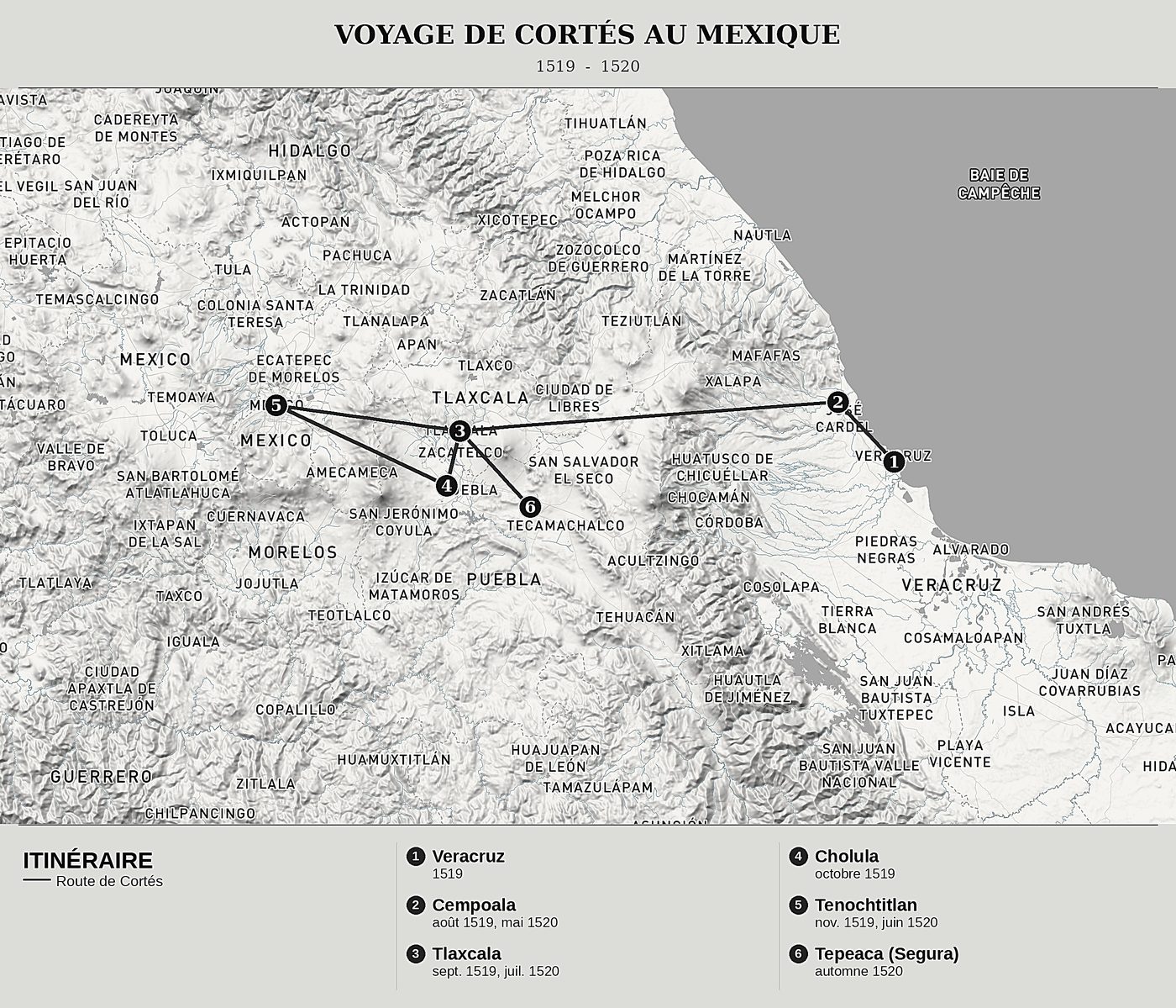 Carte d'ensemble de Seconde lettre de Cortés à Charles Quint de Hernán Cortés, nord en haut : 1519  -  1520.