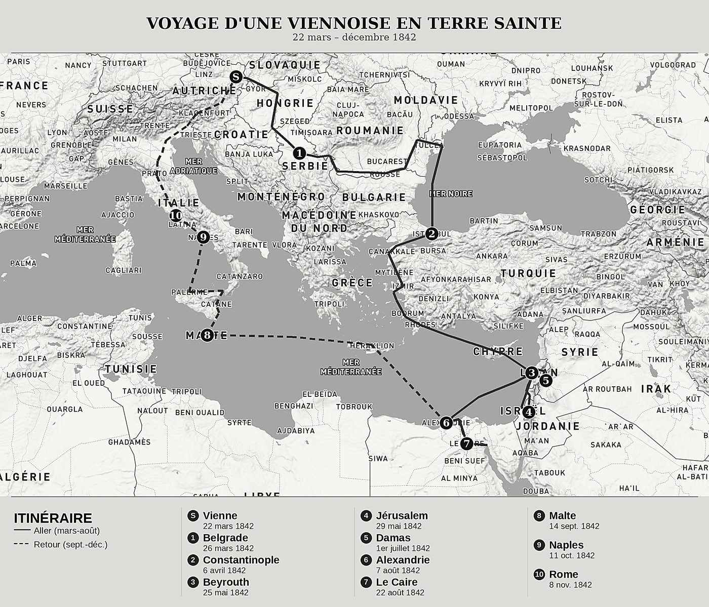 Carte d'ensemble de Voyage d'une Viennoise en Terre sainte de Ida Pfeiffer, nord en haut : 22 mars – décembre 1842.