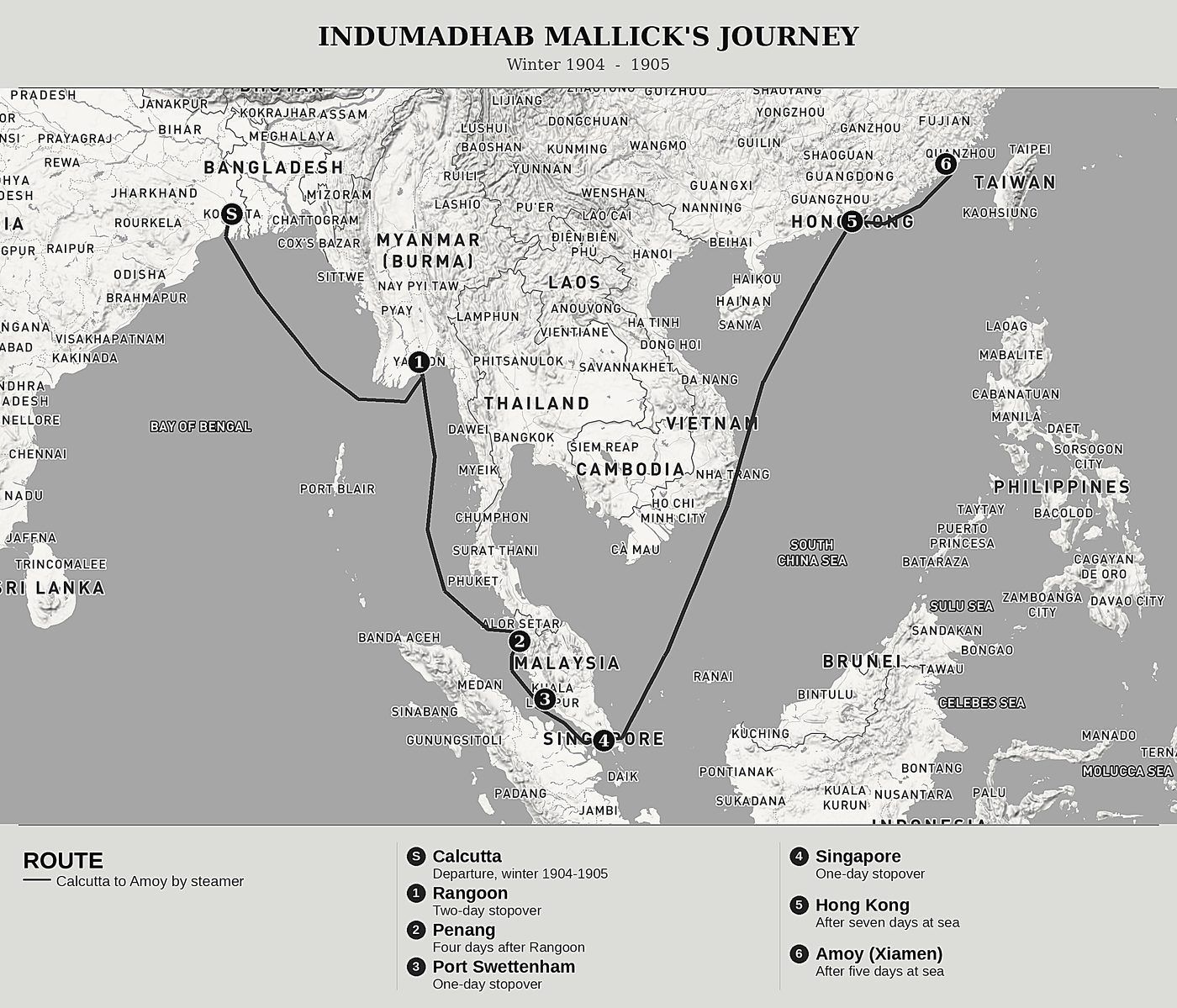 Overview map of Journey to China by Indumadhab Mallick, north at top: winter 1904  -  1905.