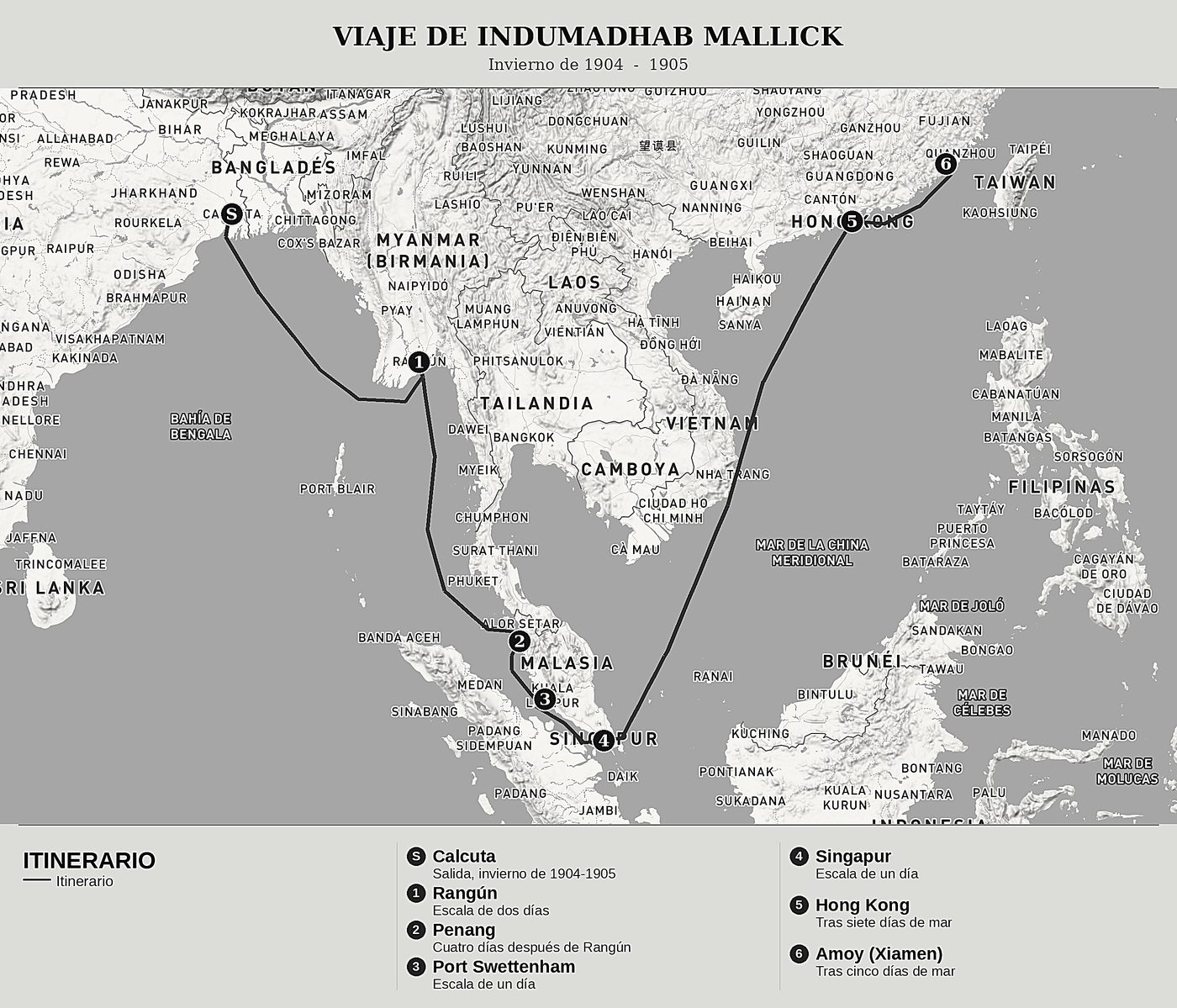 Mapa general de Viaje a China de Indumadhab Mallick, norte arriba: invierno de 1904  -  1905.
