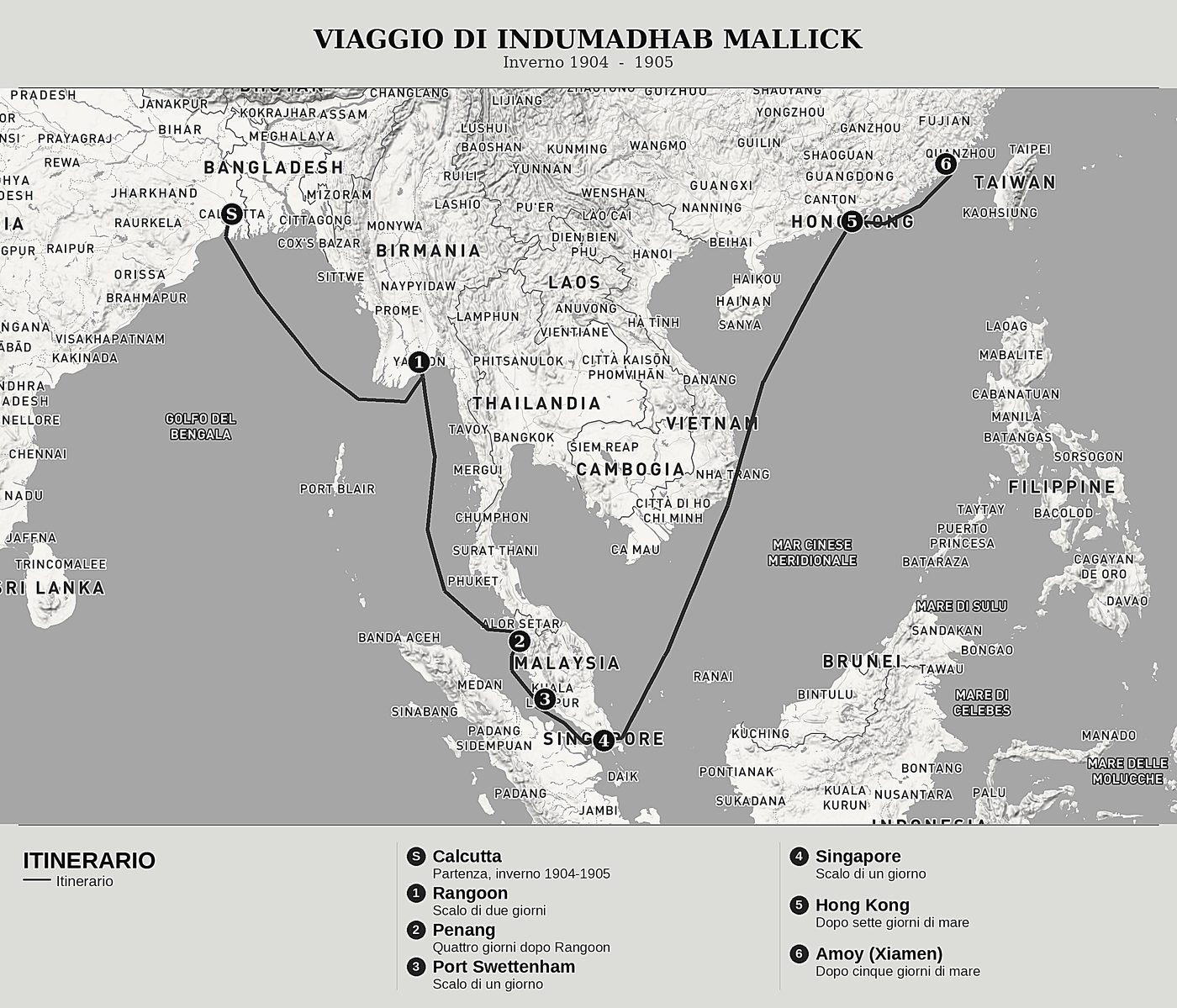 Mappa d'insieme di Viaggio in Cina di Indumadhab Mallick, nord in alto: inverno 1904  -  1905.
