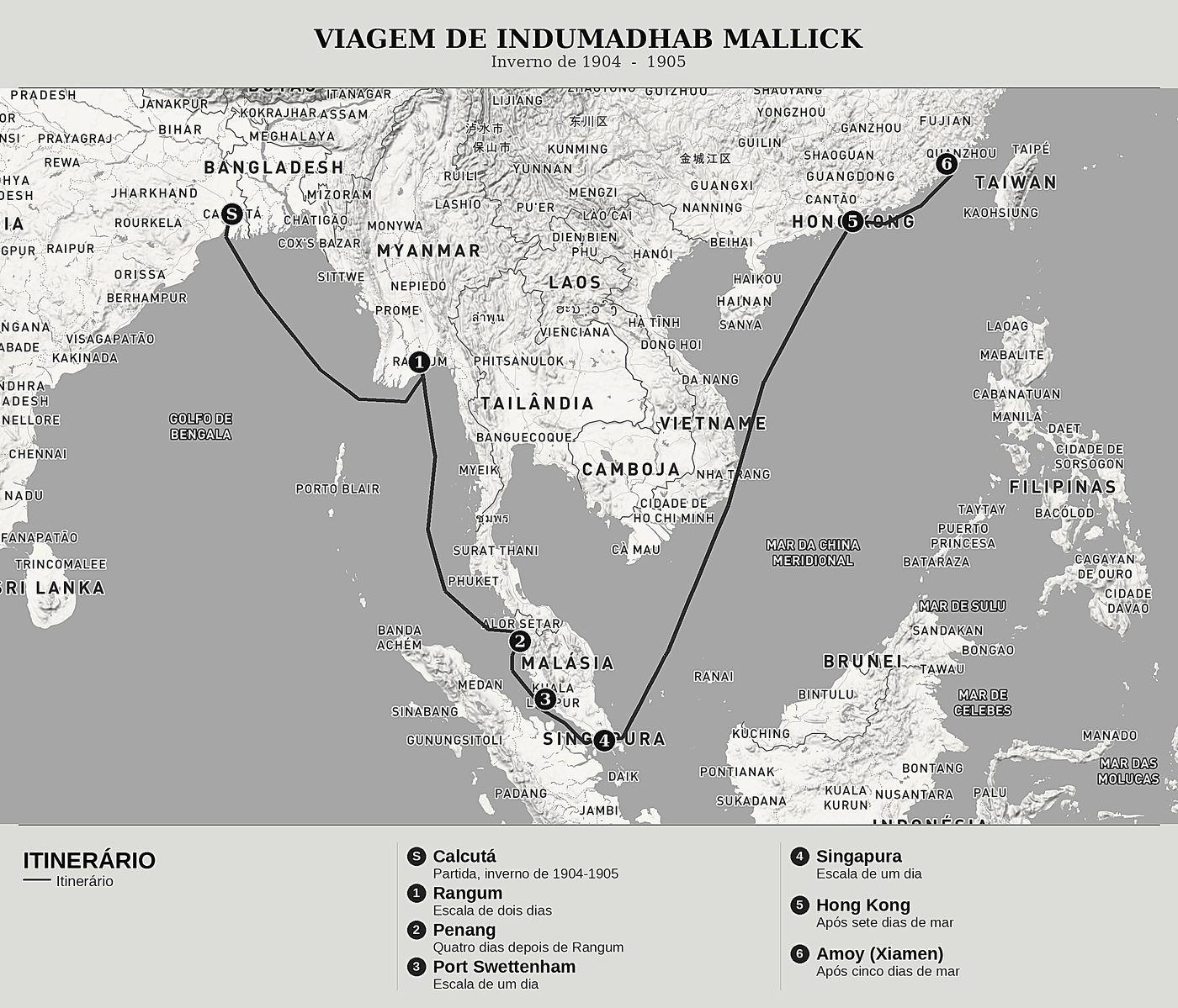 Mapa geral de Viagem à China de Indumadhab Mallick, norte em cima: inverno de 1904  -  1905.
