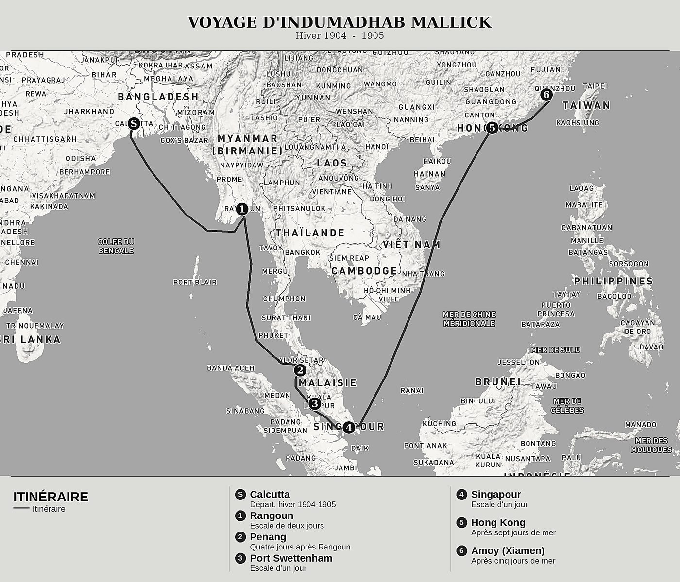 Carte d'ensemble de Voyage en Chine de Indumadhab Mallick, nord en haut : hiver 1904  -  1905.