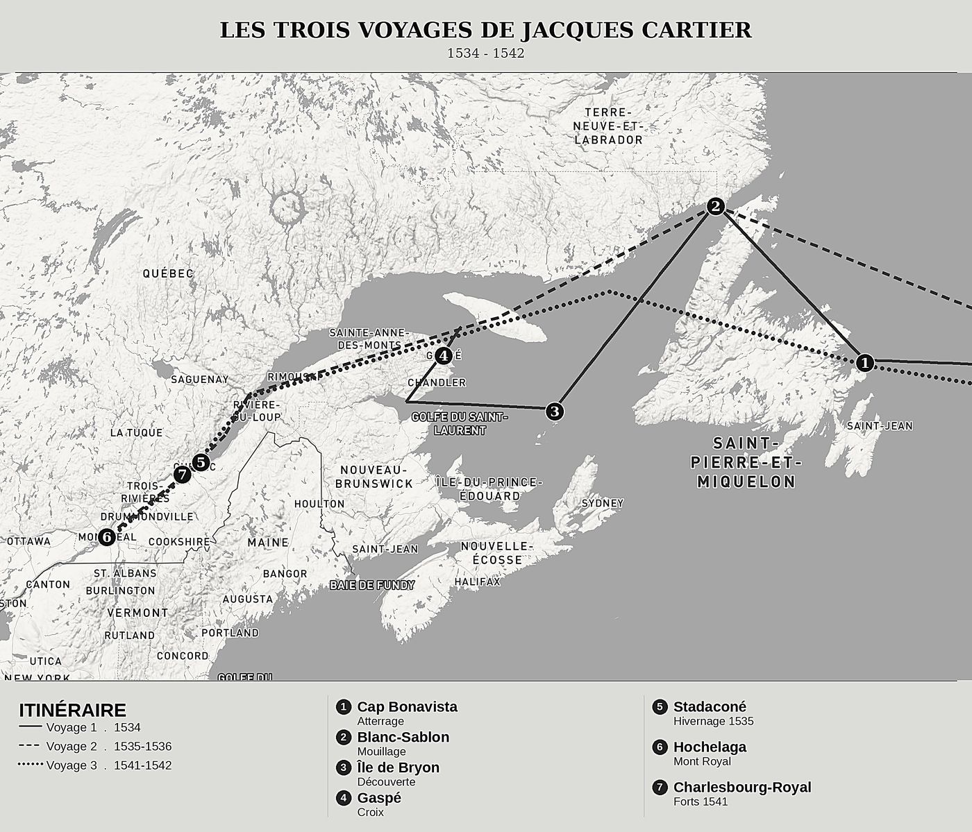 Carte d'ensemble de Carnets de voyages en Nouvelle-France de Jacques Cartier, nord en haut : 1534 - 1542.