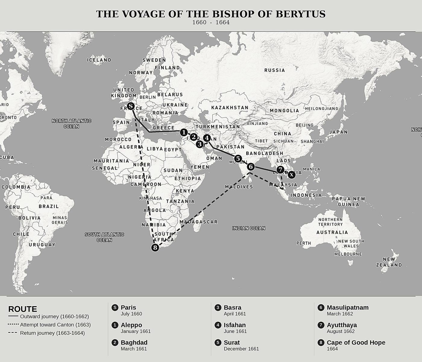 Overview map of Account of the Voyage of the Bishop of Berytus by Jacques de Bourges, north at top: 1660  -  1664.