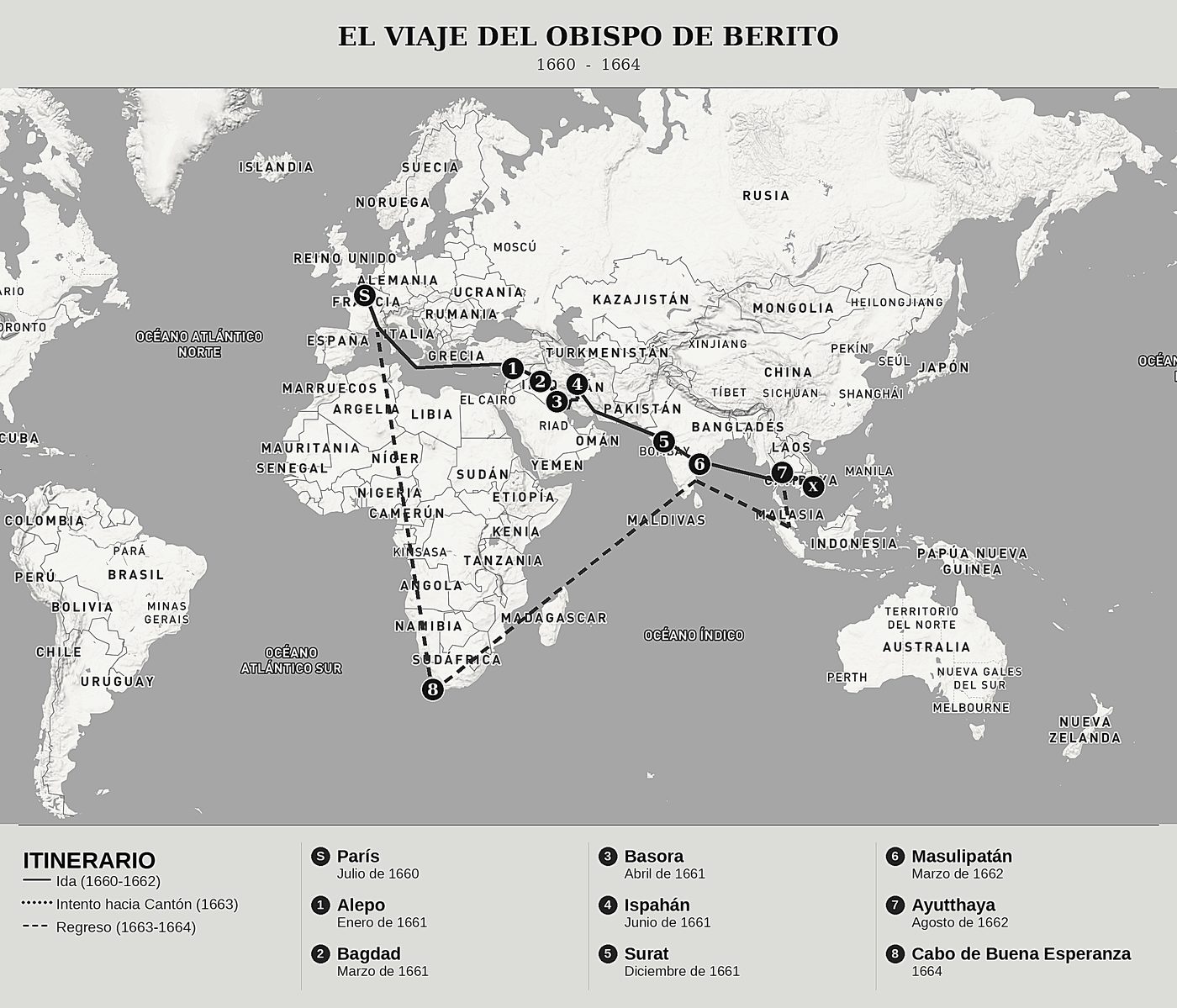 Mapa general de Relación del viaje del obispo de Berito de Jacques de Bourges, norte arriba: 1660  -  1664.