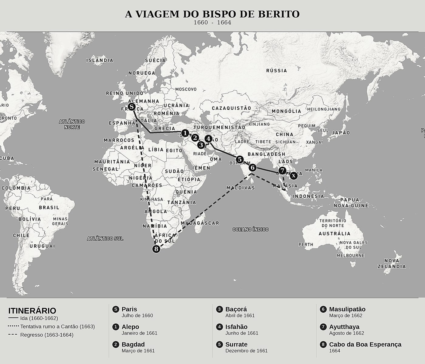 Mapa geral de Relação da viagem do bispo de Berito de Jacques de Bourges, norte em cima: 1660  -  1664.
