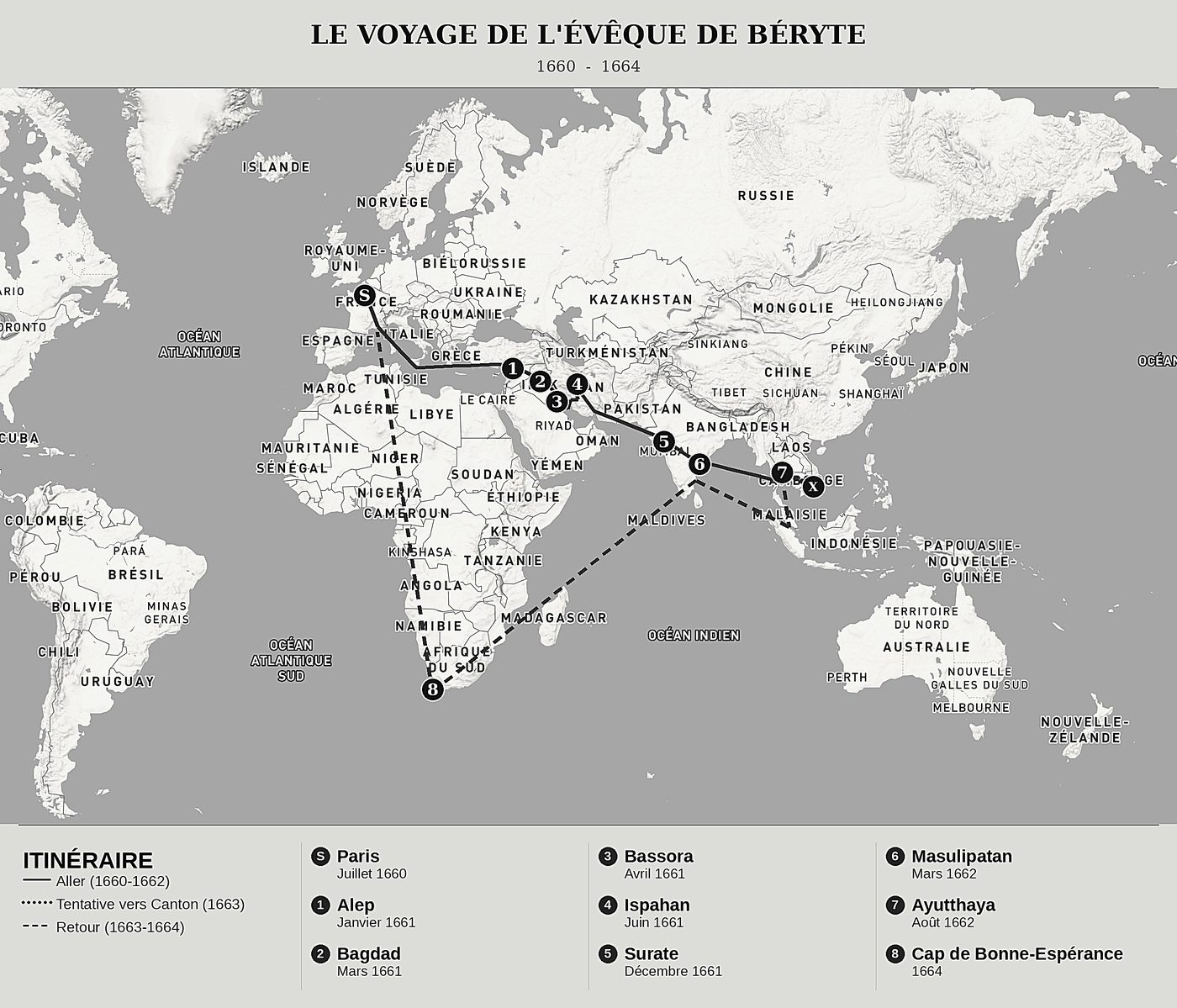 Carte d'ensemble de Relation du voyage de l'évêque de Béryte de Jacques de Bourges, nord en haut : 1660  -  1664.