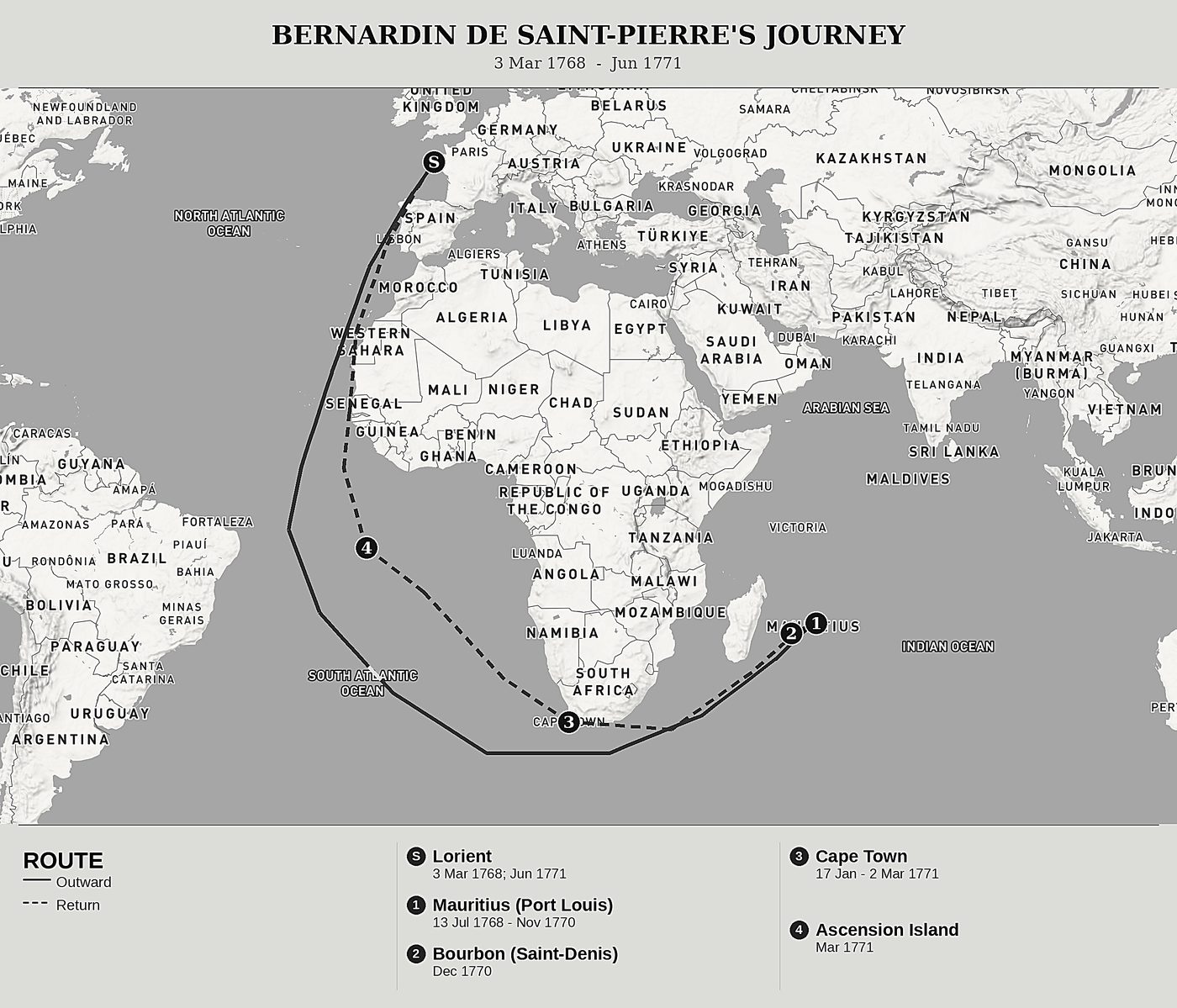 Overview map of Journey to Mauritius by Jacques-Henri Bernardin de Saint-Pierre, north at top: 3 mar 1768  -  jun 1771.